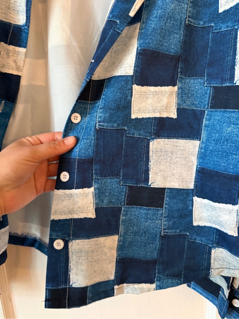 Blue and White Patchwork Button-Up Shirt - Picture 4 of 8